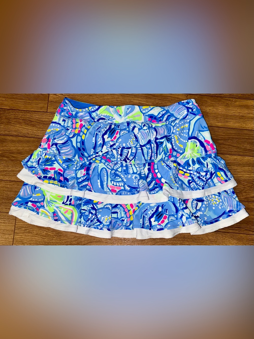 Lilly Pulitzer Large Luxletic Zela Skort “Pinch Pinch” Blue‎ and Pink Ruffle HTF